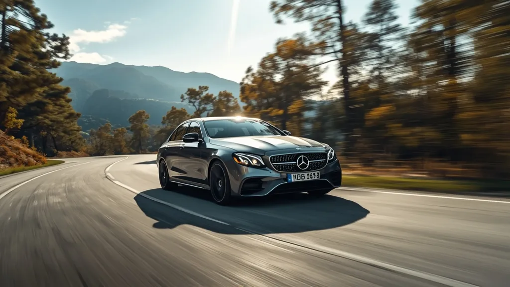 AMG E43 4matic cornering dynamically on a scenic road, showcasing its agile handling.