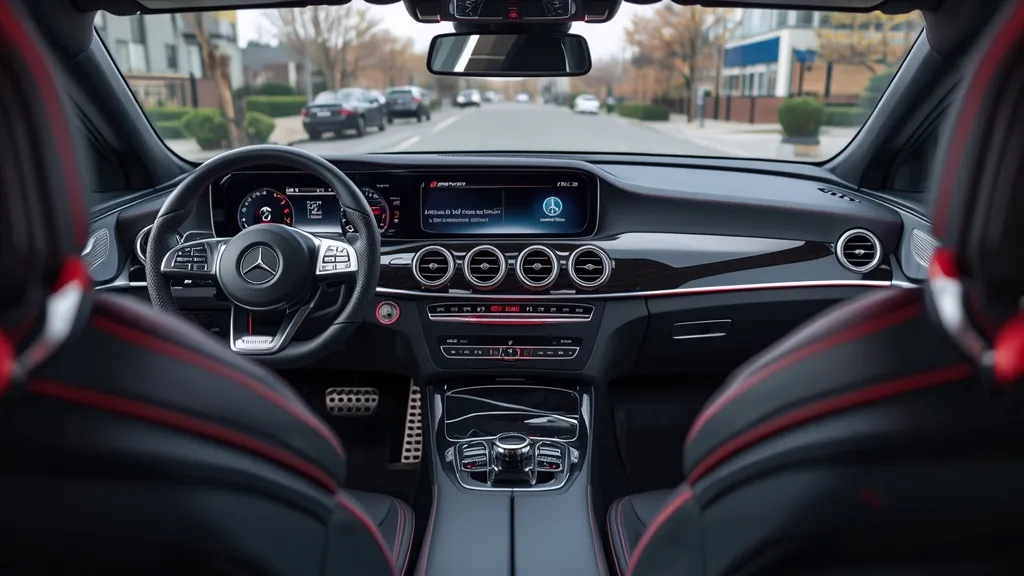 Luxurious AMG E43 4matic interior with dual screens, sport seats, and red stitching.