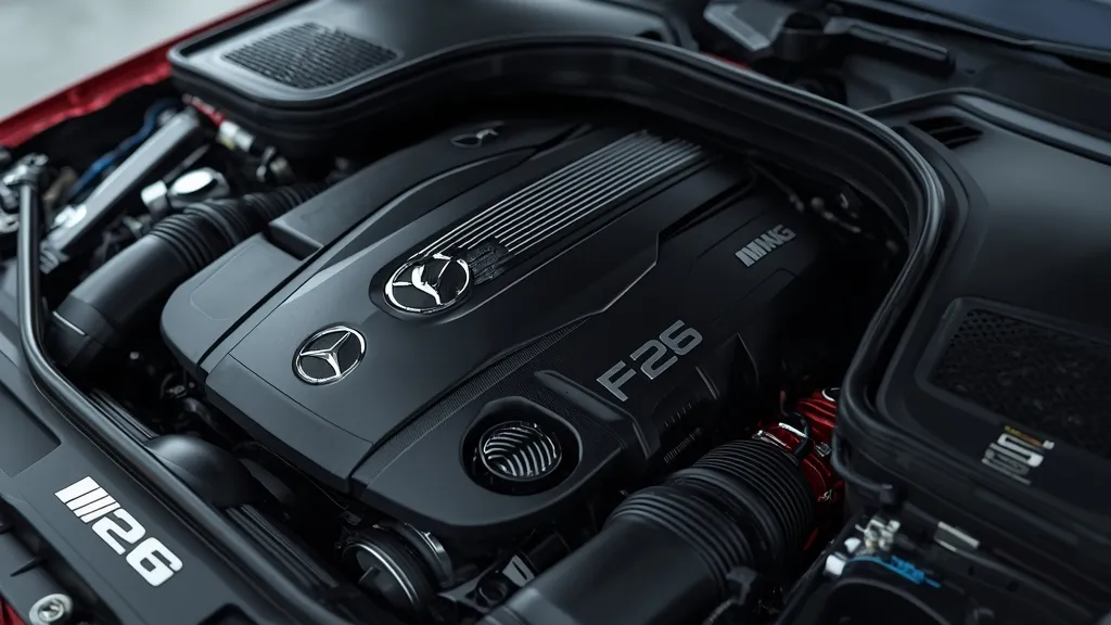 Close-up of the powerful M276 V6 engine in an AMG E43 4matic engine bay.
