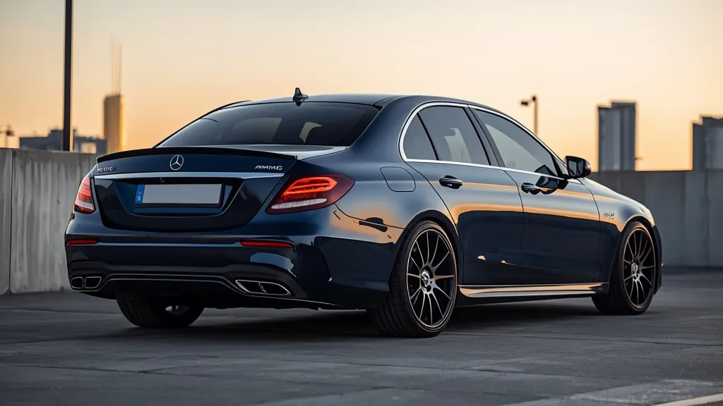 Rear view of a tuned AMG E43 4matic with custom exhaust tips and subtle performance mods.