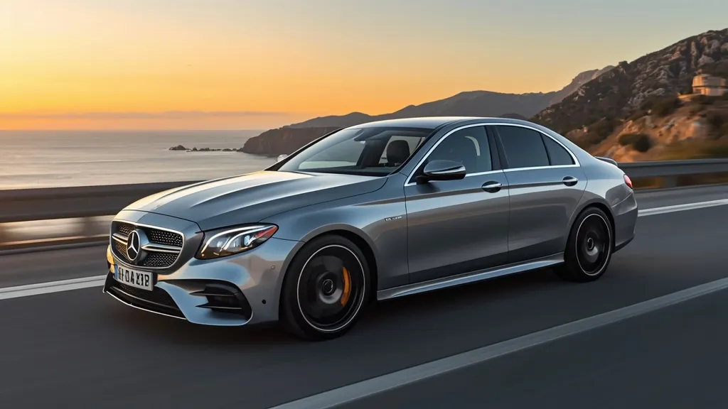 Dynamic shot of the AMG E53 4Matic+ on a winding coastal road, showcasing its elegant performance.