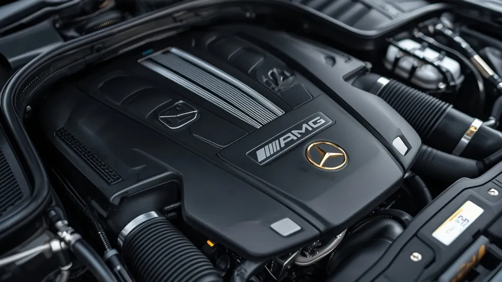 Detailed view of the AMG E53 inline-six engine with EQ Boost, highlighting advanced mild-hybrid technology.
