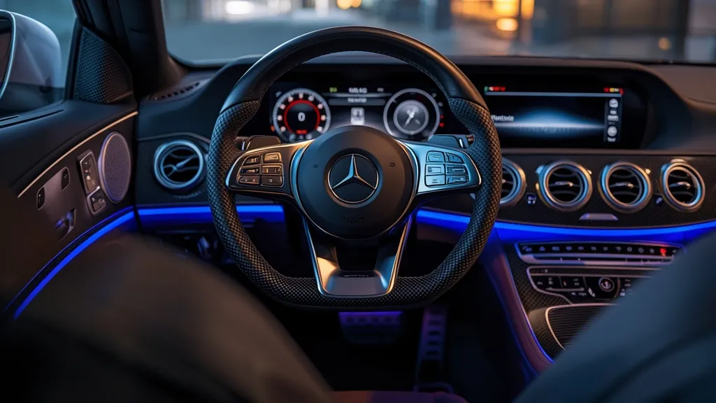 Opulent AMG E53 interior with dual widescreen displays, premium materials, and ambient lighting.