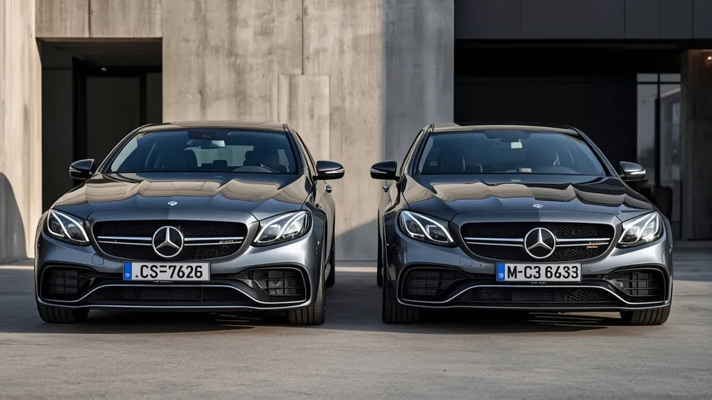 Side-by-side comparison of the AMG E53 and E63 sedans, highlighting subtle design differences and shared AMG DNA.