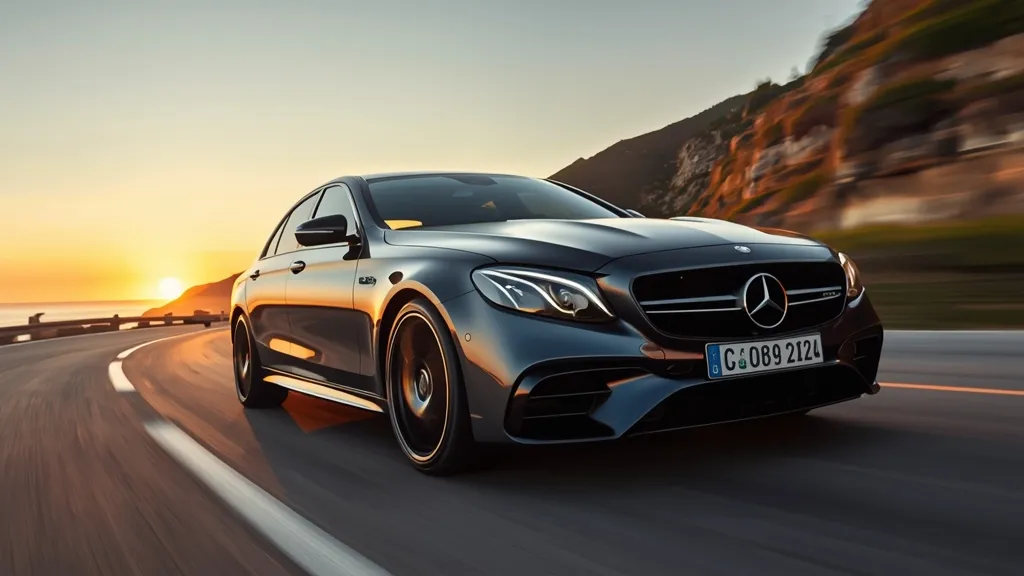 Next-generation AMG E63 2024 hybrid sedan on a winding coastal road at sunset, showcasing sleek design.