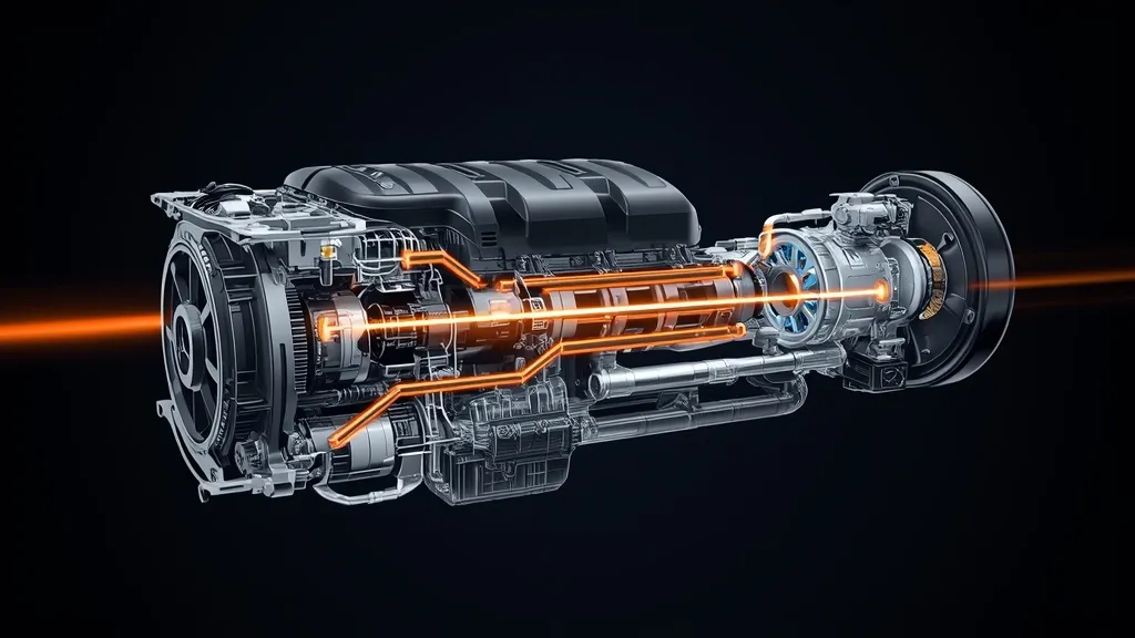 Mercedes-AMG E63 hybrid powertrain cutaway, highlighting electric motor, battery, and engine components.