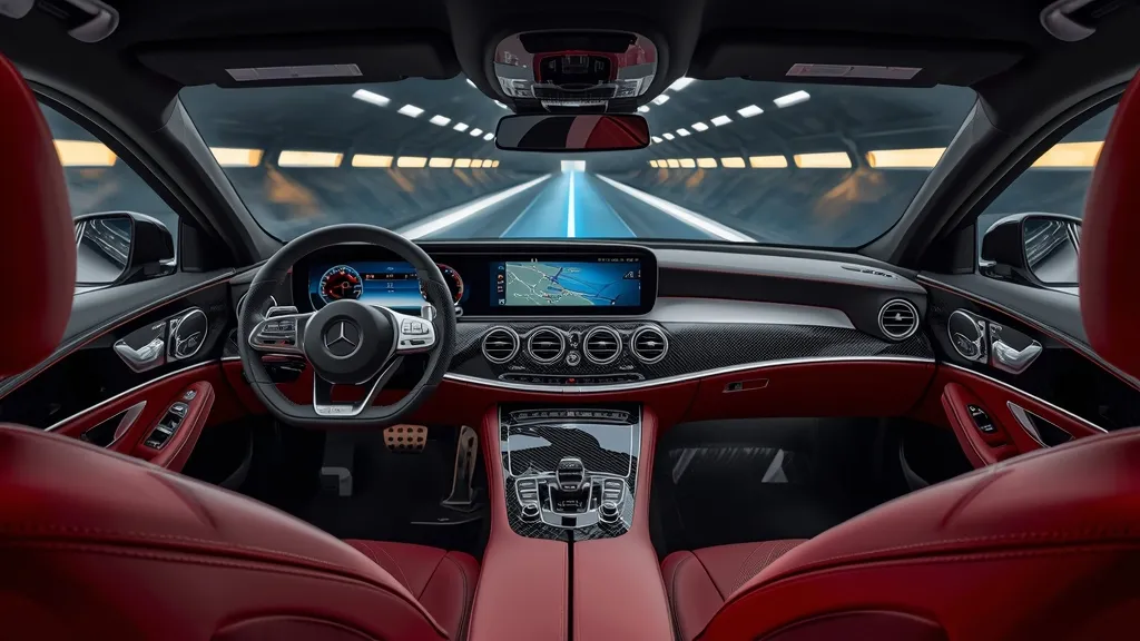 Luxurious and high-tech Mercedes-AMG E63 2024 interior with wide digital screens and premium materials.