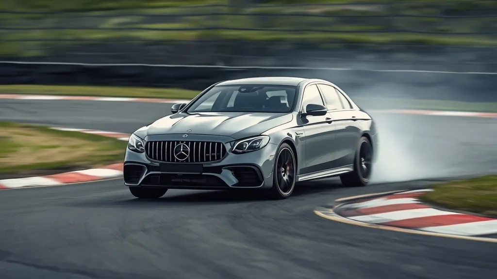 AMG E63 S E Performance accelerating powerfully on a race track, illustrating hybrid power.