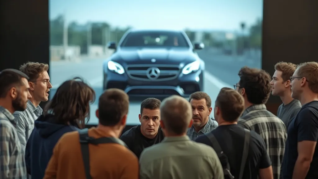 Car enthusiasts passionately debating the AMG E63 V8 replacement, symbolizing the "4-cylinder controversy".