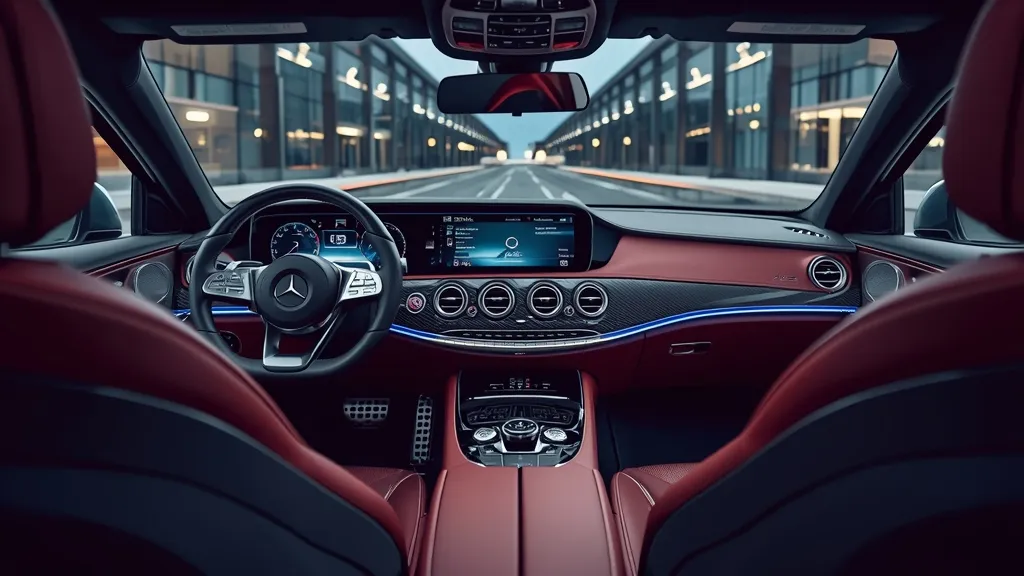 Luxurious interior of the AMG S63 4MATIC, showcasing MBUX screens and premium materials.