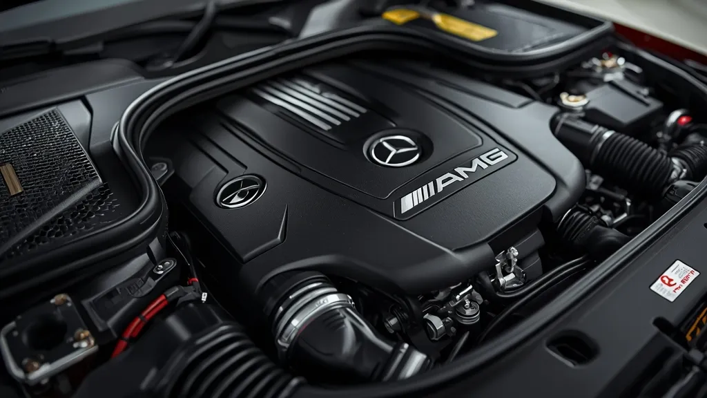 Detailed view of the AMG S63 4MATIC+ engine bay, revealing the V8 and hybrid components.