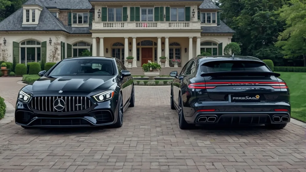 Comparison shot of the AMG S63 4MATIC+ alongside a Porsche Panamera Turbo S E-Hybrid.