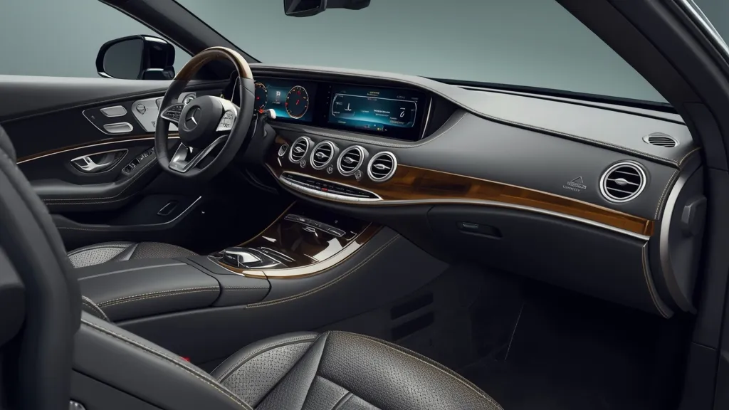 Luxurious interior of the AMG S65 Coupe with Nappa leather diamond stitching and advanced infotainment.