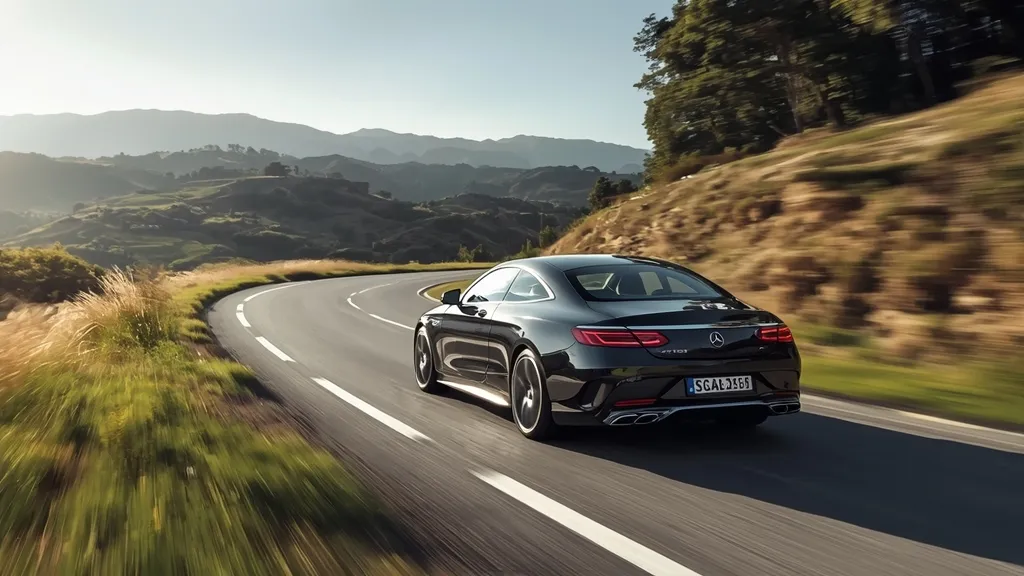 Mercedes-AMG S65 Coupe driving smoothly on a winding road, demonstrating Magic Body Control suspension.