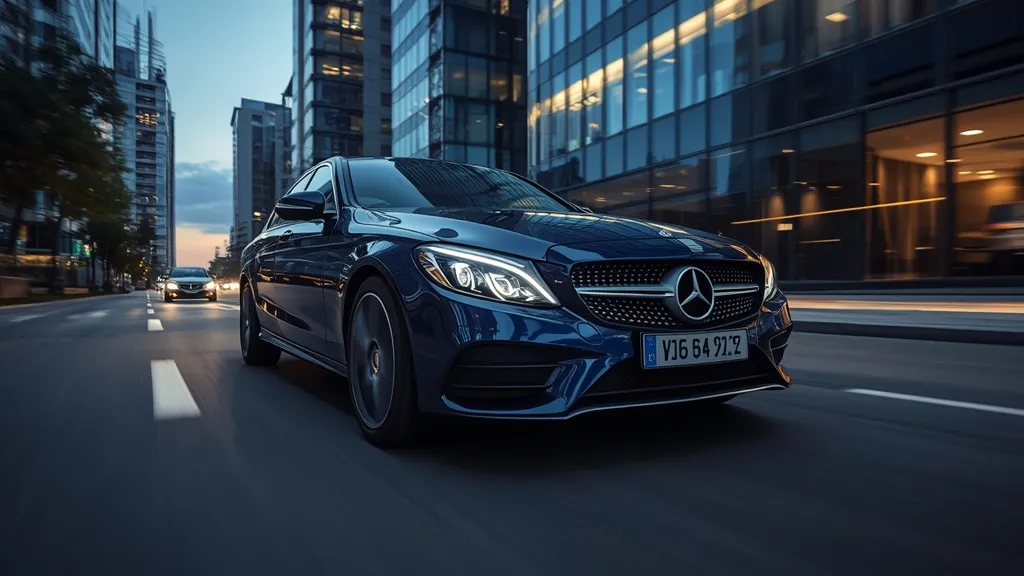 Sleek exterior of the current Mercedes-Benz C-Class W206 in a modern urban environment.