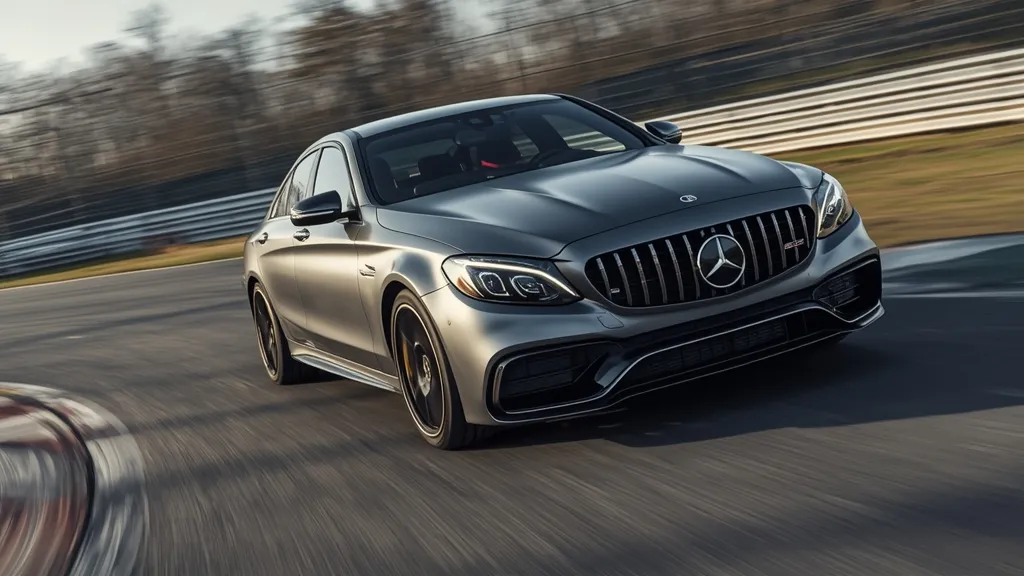 Mercedes-AMG C63 S E Performance, high-performance C-Class hybrid sedan in action.