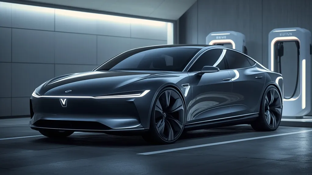 Futuristic concept car representing the fully electric EQ C-Class equivalent in a charging station.