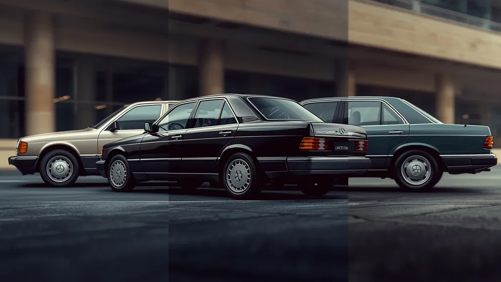 Mercedes-Benz E-Class sedan evolution, showing classic W123, W124, and modern W214 models side-by-side.