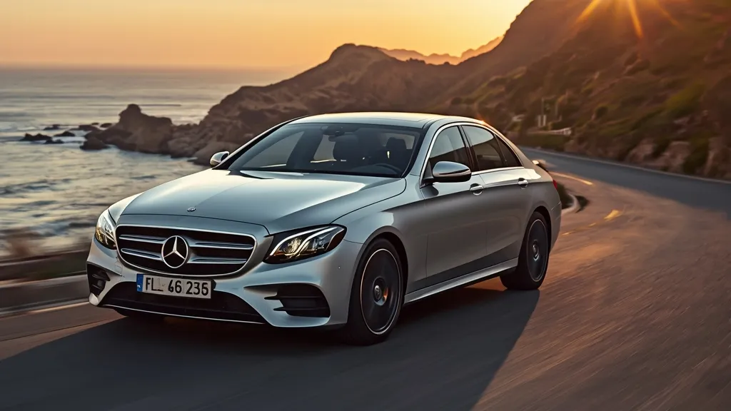 Sleek silver Mercedes-Benz W214 E-Class sedan driving on a scenic coastal highway at sunset.