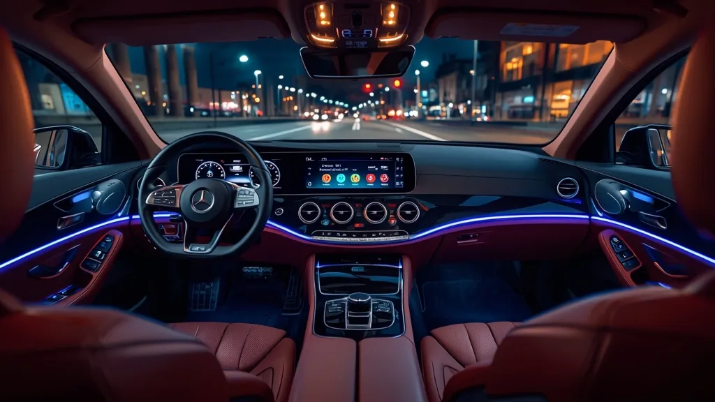 Futuristic Mercedes-Benz E-Class interior with the large Superscreen displaying navigation and entertainment.