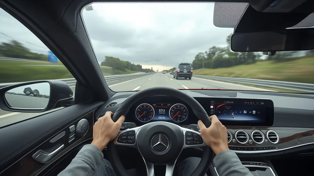 Mercedes-Benz E-Class sedan with advanced driver assistance features navigating autonomously on a multi-lane highway.