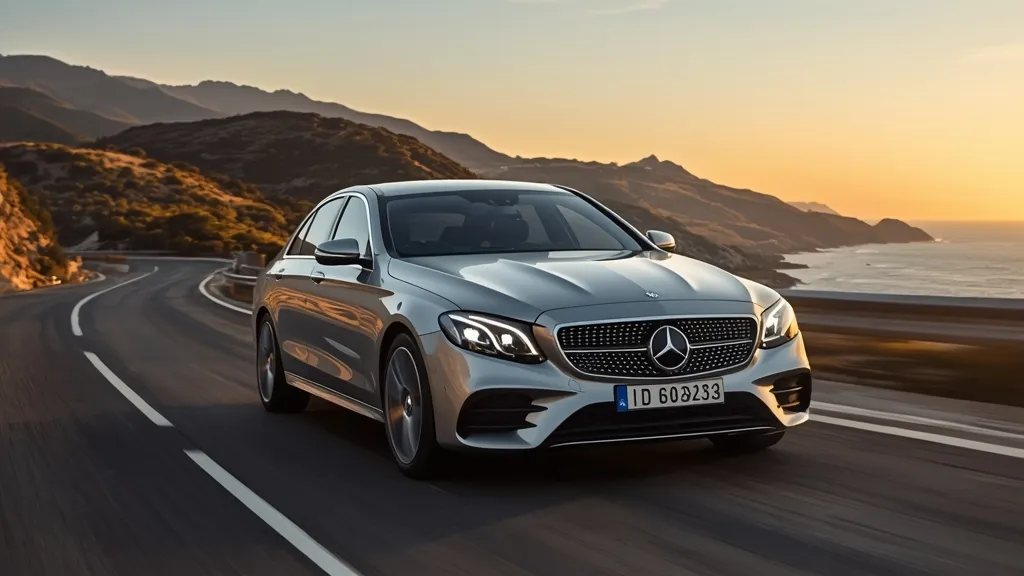 2024 Mercedes-Benz E220d sedan driving on a scenic European highway at sunset, highlighting efficiency.