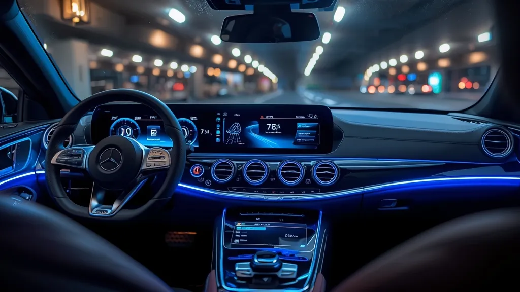Interior of the 2024 Mercedes E-Class with MBUX Superscreen, showing advanced digital dashboard.