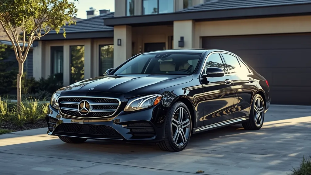 Mercedes-Benz E350 2024 sedan parked in a modern American suburban driveway, showcasing US model.