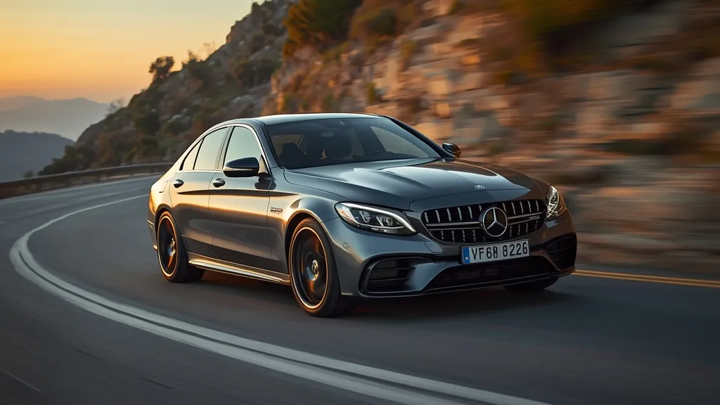 2025 Mercedes-AMG C43 sedan driving on a winding mountain road, showcasing dynamic handling.