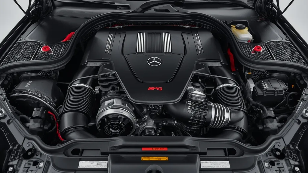 Detailed view of the Mercedes-AMG C43 M139l engine bay, highlighting the electric turbocharger.