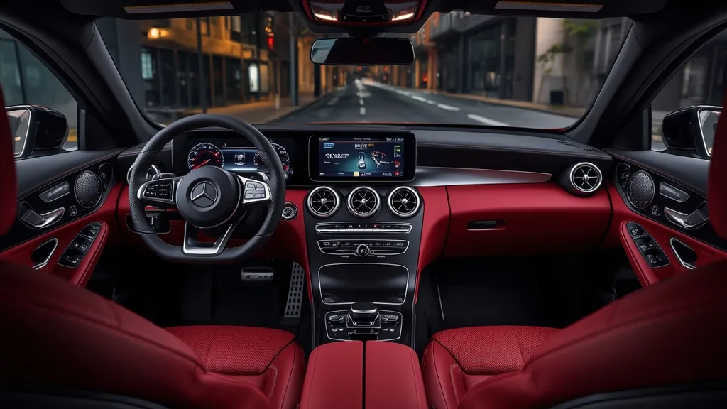 Luxurious and sporty interior of the Mercedes-AMG C43, featuring digital screens and AMG steering wheel.