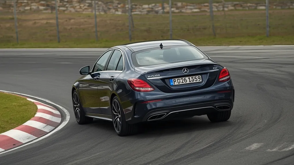 Mercedes-AMG C43 demonstrating rear-axle steering, wheels turning for enhanced agility.