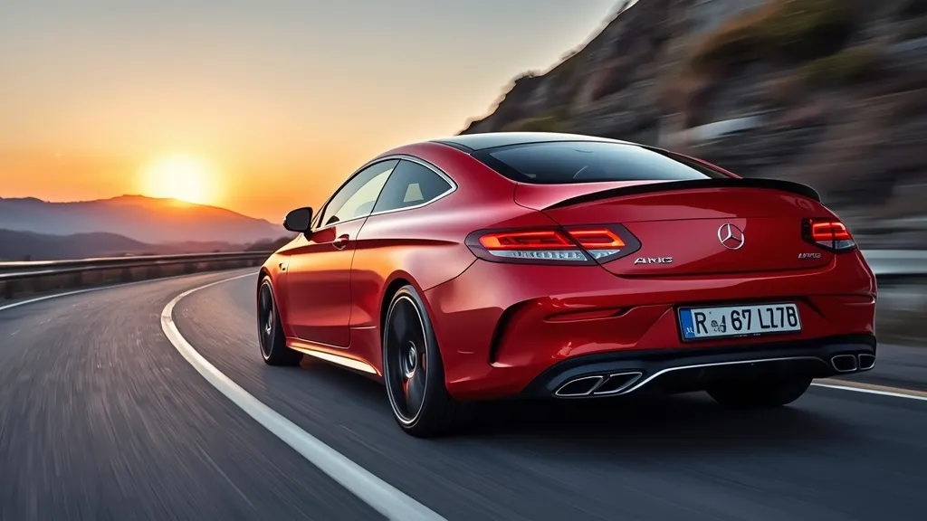 Dynamic shot of a red Mercedes-AMG C43 W205 coupe driving on a winding road.