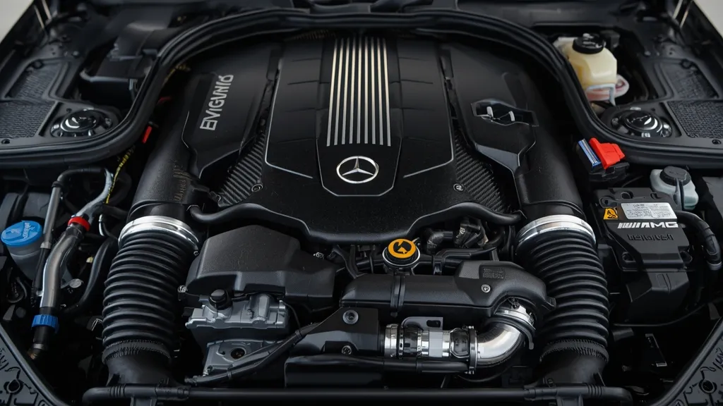 Detailed view of the M276 Bi-Turbo V6 engine in a Mercedes-AMG C43 W205.
