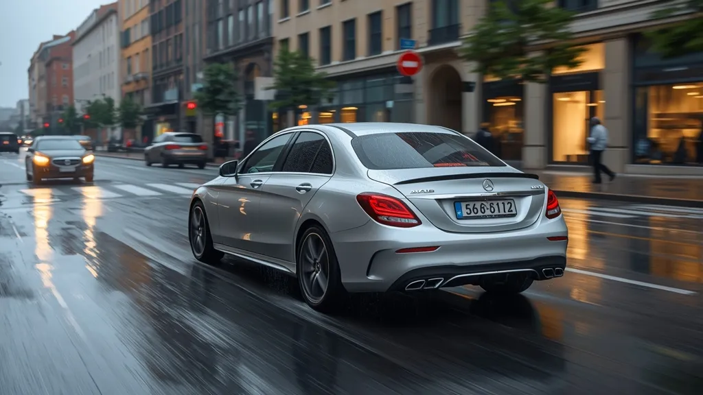 Mercedes-AMG C43 W205 sedan navigating a city street in wet conditions, 4MATIC active.