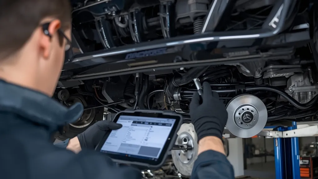 Mechanic performing a pre-purchase inspection on a used Mercedes-AMG C43 W205.