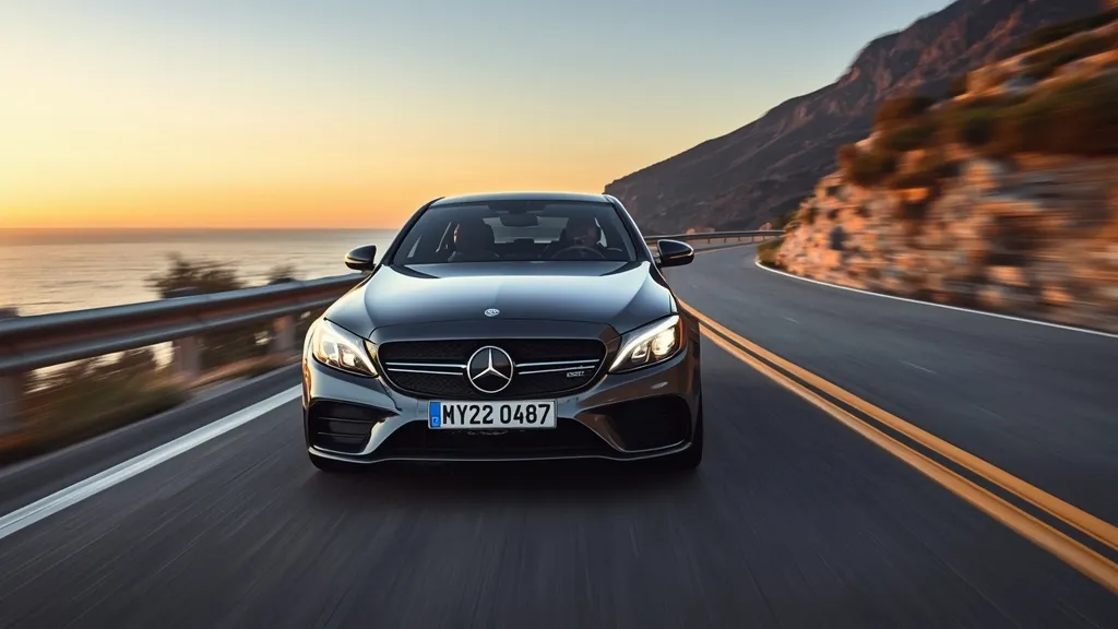 Dynamic front three-quarter view of the Mercedes-AMG C43 W206 driving on a scenic road, showcasing its aggressive design.