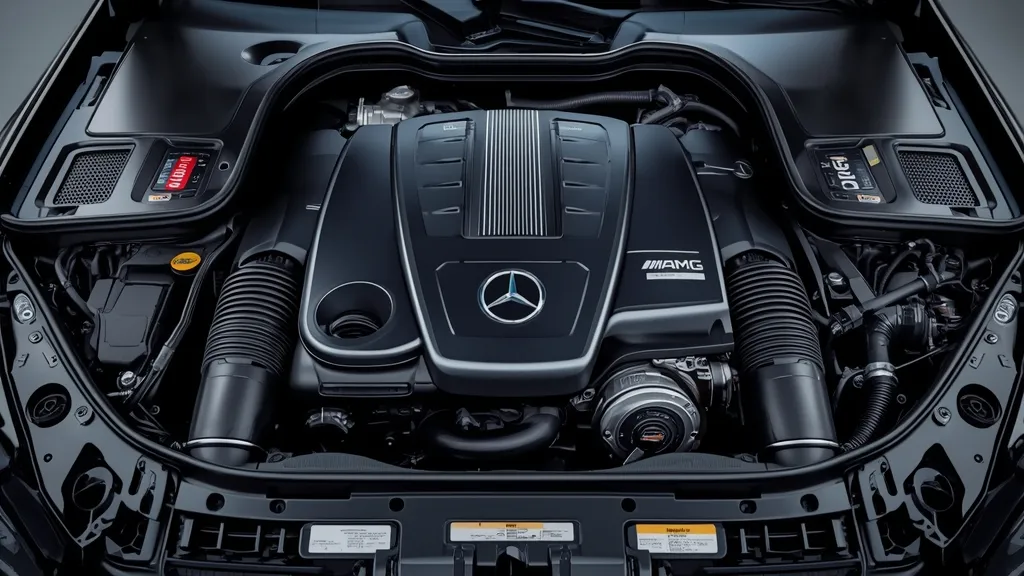 Close-up of the Mercedes-AMG C43 W206 2.0 turbo M139l engine bay, highlighting advanced technology.