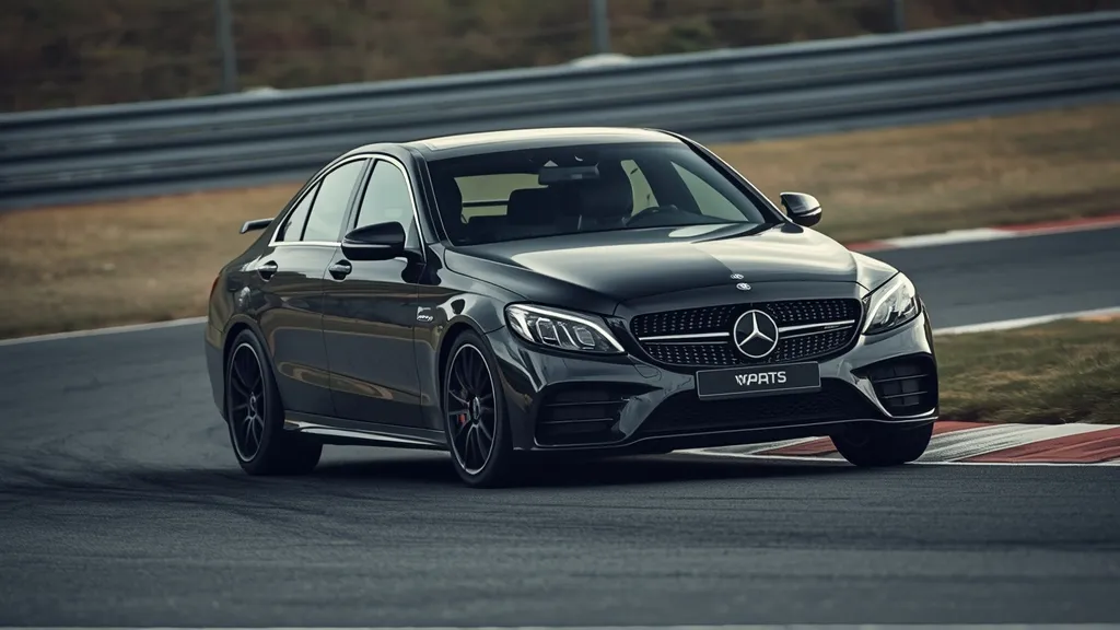 Mercedes-AMG C43 W206 cornering hard on a track, demonstrating its agile handling and performance.