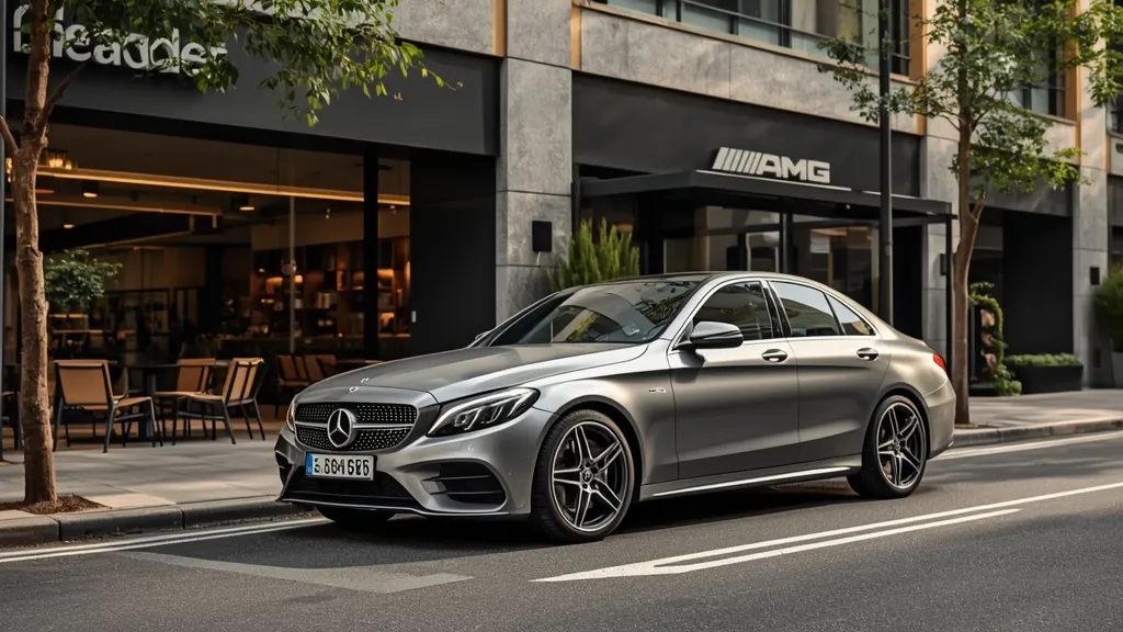 Mercedes-AMG C43 W206 parked elegantly on a city street, showcasing its modern presence and luxury.