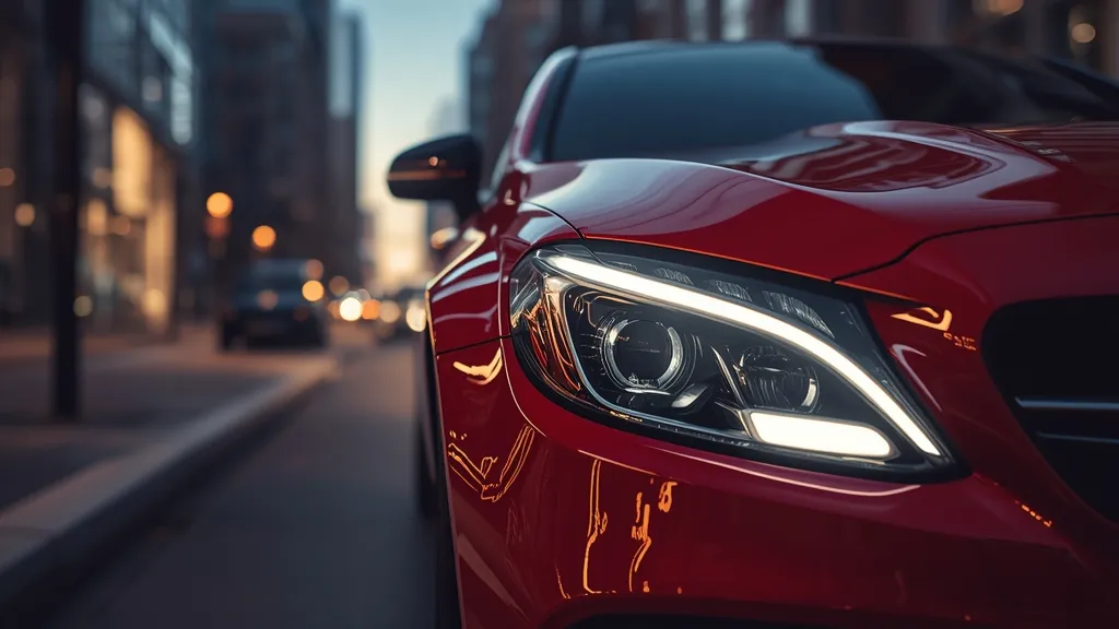 Sleek Mercedes-AMG C63 W205 coupe driving through a city at dusk, highlighting its modern design.