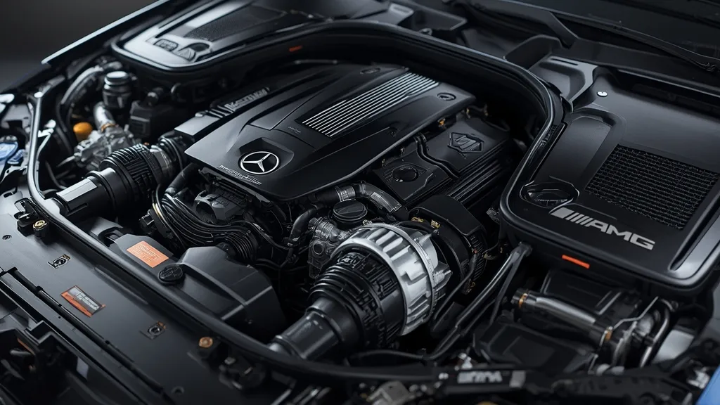 Detailed view of the AMG M139l engine in the C63 S E Performance review model, showcasing hybrid components.