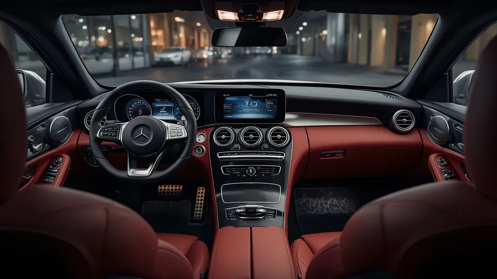 Luxurious C63 AMG interior design with advanced MBUX infotainment, showing high-quality materials.