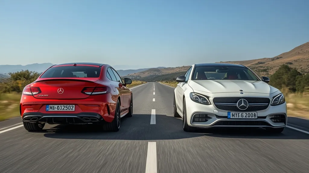 Side-by-side comparison of C63 AMG V8 vs 4 cylinder models, illustrating their size and design evolution.