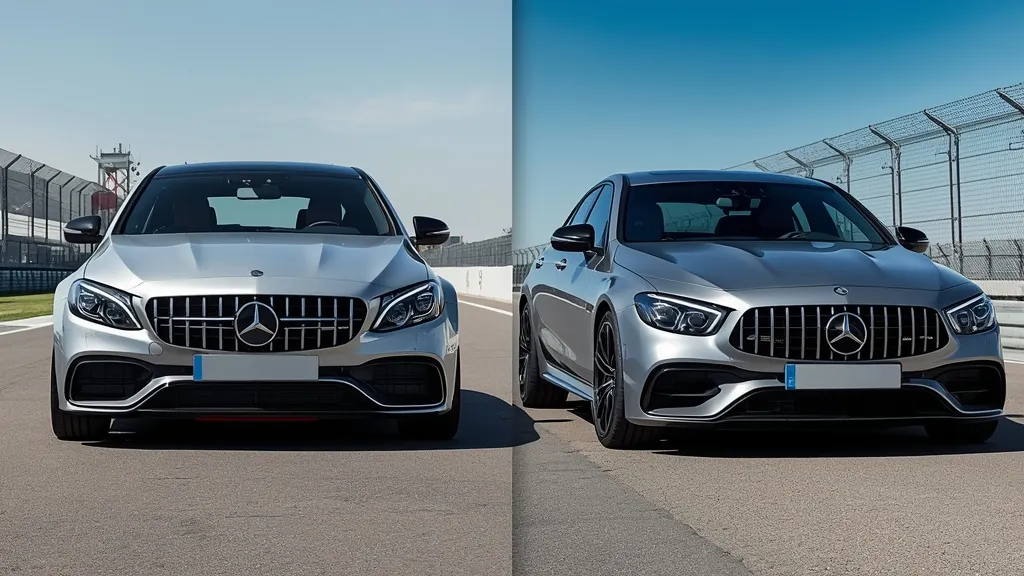 Side-by-side comparison of Mercedes-AMG C63 S W205 V8 and W206 hybrid models on a track.