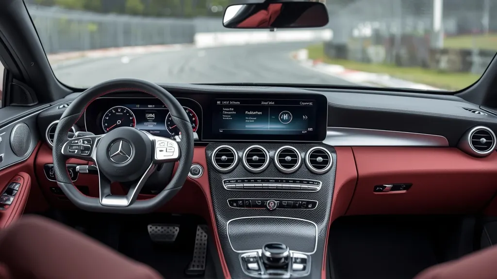 High-tech interior of Mercedes-AMG C63 S E Performance with AMG Track Pace display.