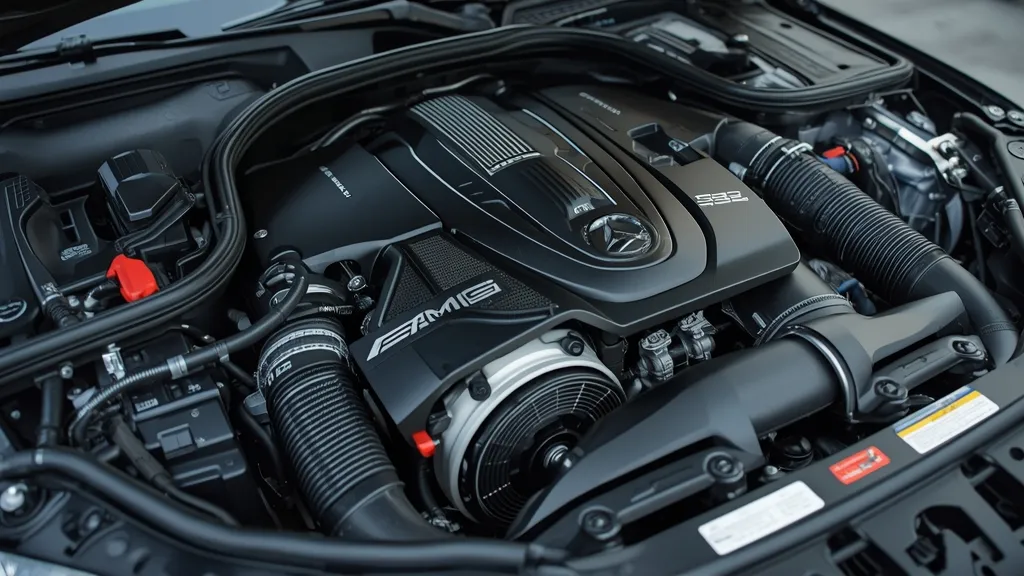 Detailed view of the AMG M139L hybrid powertrain in the C63 S E Performance engine bay.