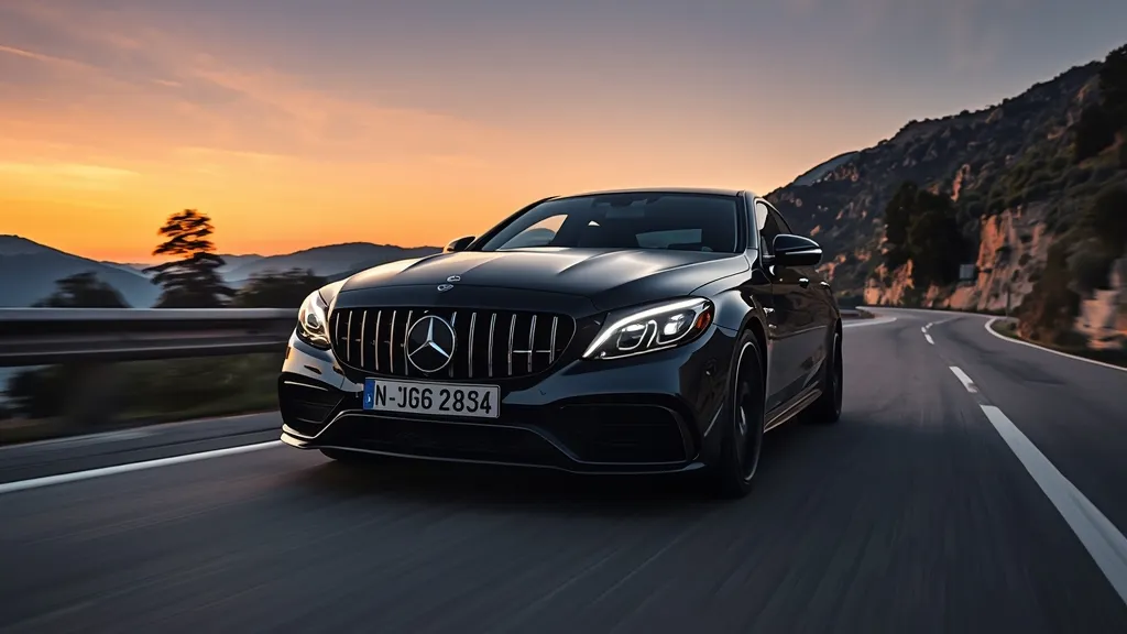 Mercedes-AMG C63 W206 Hybrid dynamic front view on a winding road, highlighting its aggressive design.