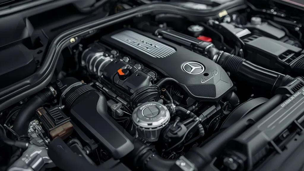 Close-up of the W206 C63 engine bay, showcasing the powerful M139L 2.0-liter 4-cylinder.