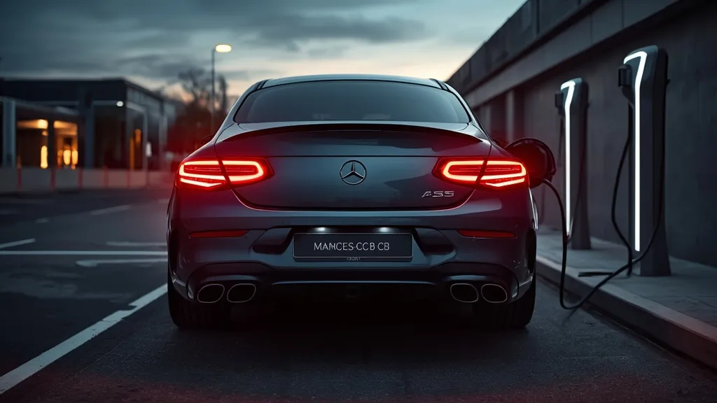 Rear 3/4 view of the Mercedes-AMG C63 W206 Hybrid charging, emphasizing its plug-in hybrid capability.